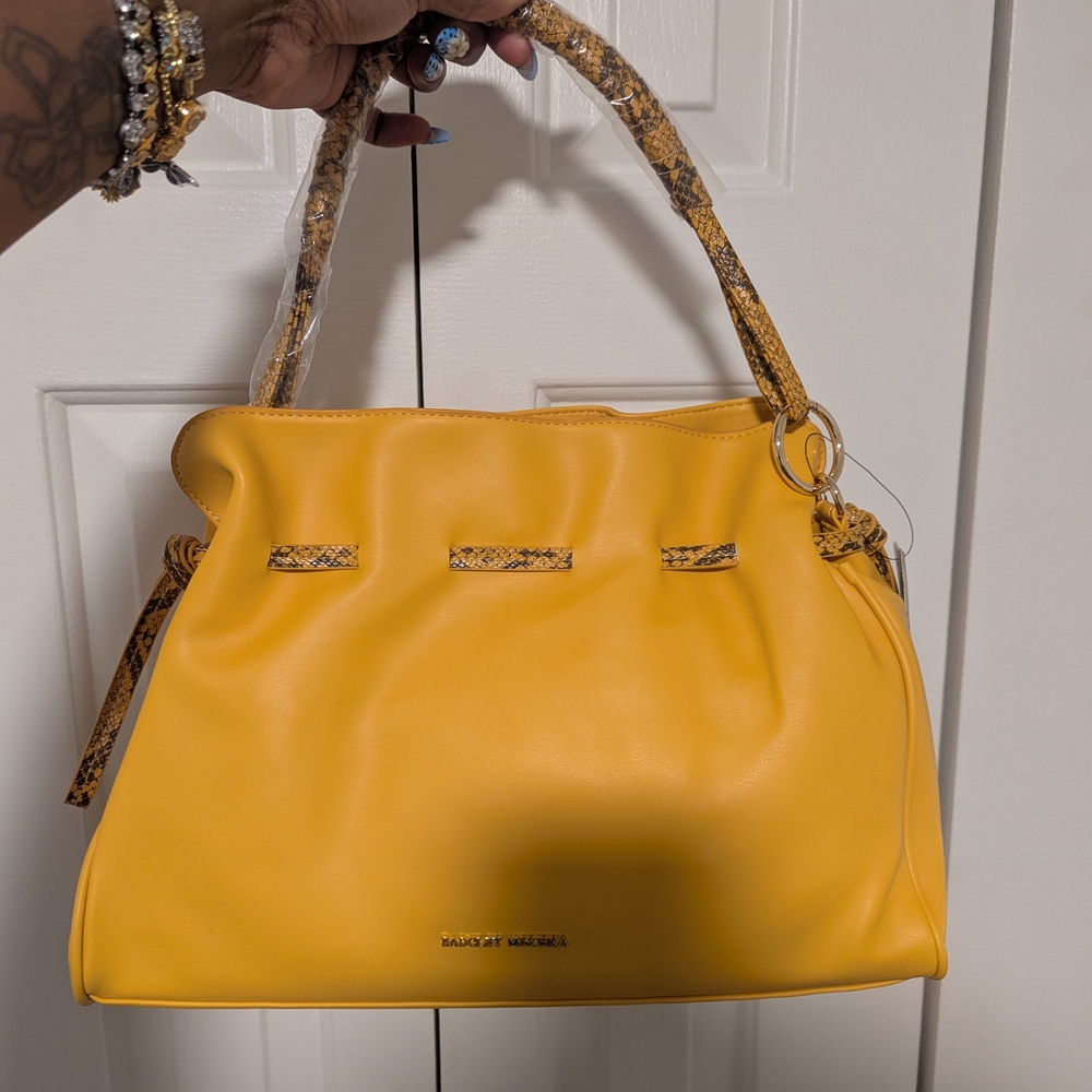 Badgley Mischka Mustard Yellow Shoulder Bag with Snake-Print Accents